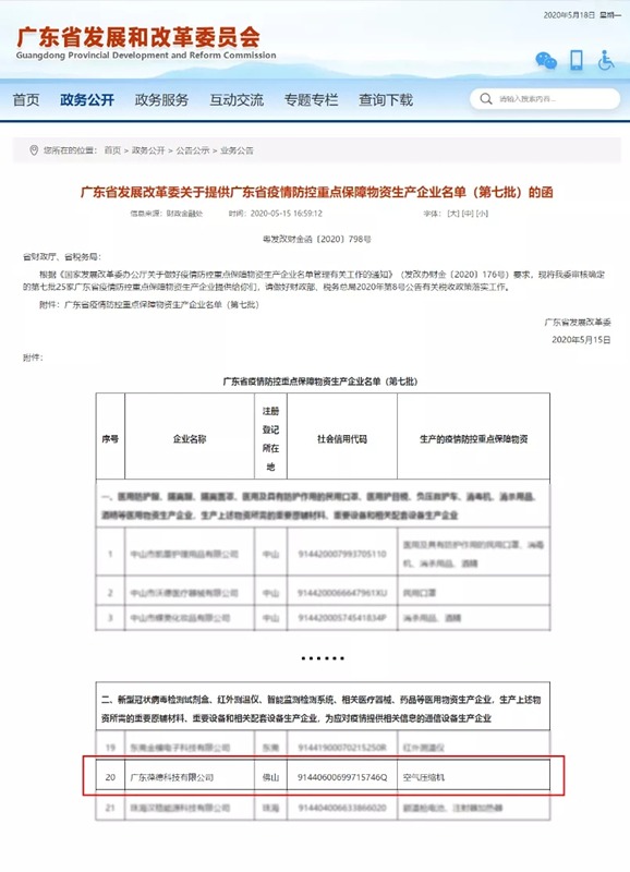 葆德空壓機入選廣東疫情防控重點保障物資生產企業